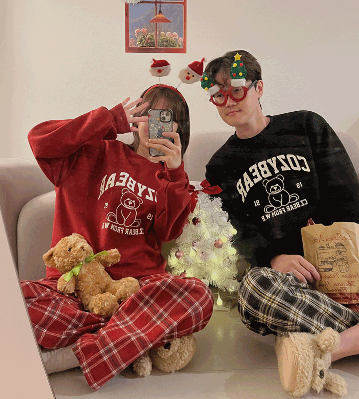 [당일출고~1일내 출고] 굿나잇 곰돌이 기모 맨투맨 커플 잠옷 크리스마스 홈웨어
