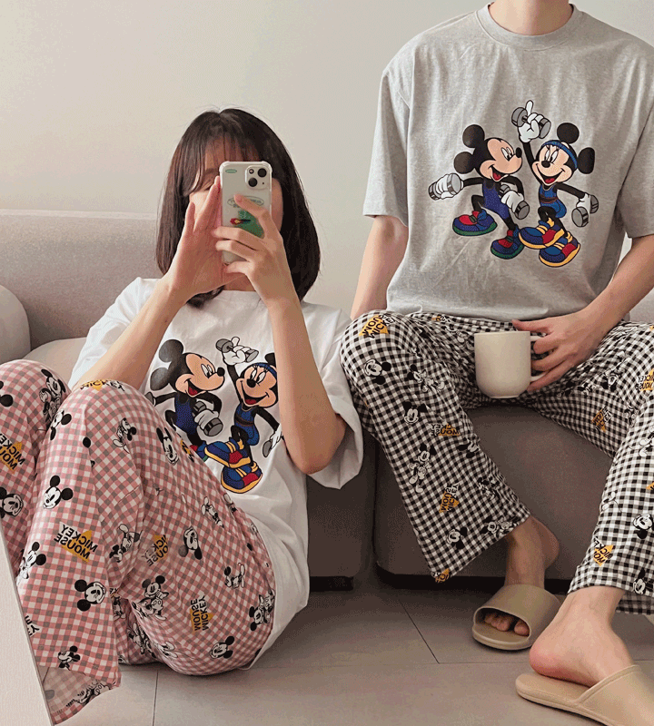 [디즈니 정품][당일-1일] 미키 체크 홈웨어세트 커플 반팔 잠옷 파자마바지